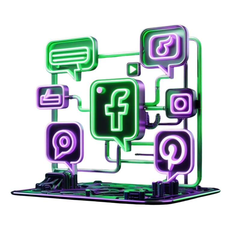 Social media – neonowa grafika ikony Facebook, Instagram, TikTok, zarządzanie profilami firmowymi
