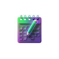 3D neon green and purple calendar with pencil or pen icon, glowing, modern, black background, no text, PNG, square