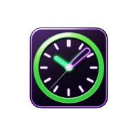 futuristic neon green and purple 3D calendar or clock icon, digital, glowing, black background, no text, PNG, square
