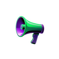 futuristic neon green and purple 3D megaphone icon, glowing, digital, black background, no text, PNG, square