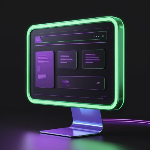 futuristic neon green and purple computer screen with abstract website layout, 3D, glowing edges, minimal, black background, no text, web design concept