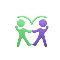 minimalist neon green and purple 3D icon of two connected people or a group with heart, glowing, black background, no text, PNG, square