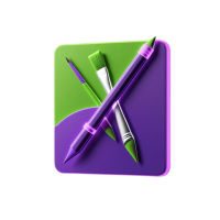 modern neon green and purple 3D icon of a pencil and paintbrush crossing, or creative palette, glowing, black background, no text, PNG, square