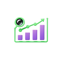 neon green and purple 3D bar chart icon or analytics with magnifying glass, glowing, black background, no text, PNG, square