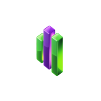 neon green and purple 3D bar chart or statistics icon, glowing, cyberpunk style, black background, no text, PNG, square