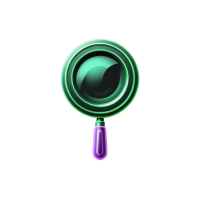 neon green and purple 3D magnifying glass icon, glowing, futuristic, black background, no text, PNG, square